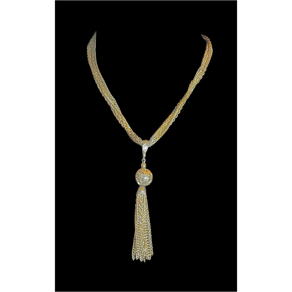Vintage Multi Strand Chain Tassel Necklace Filigree Bead Boho Statement
